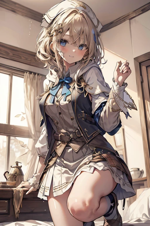 masterpiece, 1girl, sparrow, a blonde haired girl, wearing a white medieval priestess clothes, curly medium hair, messy hair, slim body, wearing golden capelet with hoody, he close her left eye, shirt ornament, seductive smile, blue eyes, sho show her back, ahoge, black vest, baby face, big breast, beautiful breasts, rounded breasts, braid hair, white nurse cap, long sleeves, seductive eyes, white stocking, droopy eyes, miniskirt, brown skirt, plaid skirt, one knee on bed