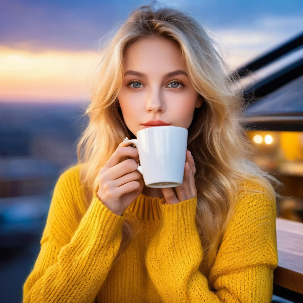 Jolie belle blonde avec un pull jaune (Drinking coffee in a modern cafe at sunset), very detailed, , visage innocent, naturally wavy hair, yeux bleus, high resolution, Chef-d'artwork, Best quality, Intricate details, very detailed, Sharpness, detailed skin, Realistice Hauttextur, texture, detailed eyes, professionnel, 4k, Sourire charmant, prise avec Canon, 85 millimeters, Light depth of field, Kodak Vision Couleur, corps parfaitement ajusté, Extremely detailed, Photo_(ultra), fotoRealistic, Realistic, post-traitement, Maximum details, roughness, vrai vie, ultraRealistic, Photorealismus, Photografie, 8K UHD, Photografie