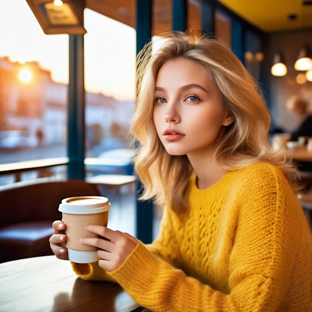 Jolie belle blonde avec un pull jaune (Drinking coffee in a modern cafe at sunset), very detailed, 14 ans, visage innocent, naturally wavy hair, yeux bleus, high resolution, Chef-d&#39;artwork, Best quality, Intricate details, very detailed, Sharpness, detailed skin, Realistice Hauttextur, texture, detailed eyes, professionnel, 4k, Sourire charmant, prise avec Canon, 85 millimeters, Light depth of field, Kodak Vision Couleur, corps parfaitement ajusté, Extremely detailed, Photo_(ultra), fotoRealistic, Realistic, post-traitement, Maximum details, roughness, vrai vie, ultraRealistic, Photorealismus, Photografie, 8K UHD, Photografie