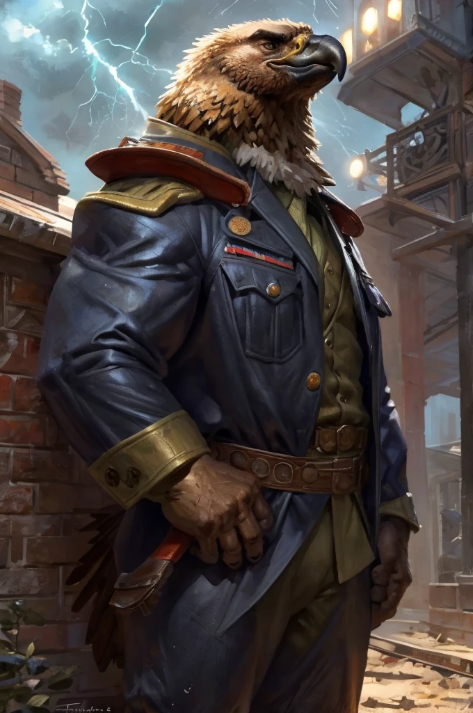 By Taran Fiddler, one man, anthro eagle (Golden Eagle), dilf, wrinkly face, sad and melancholic look, bushy eyebrows, wearing trench world war one uniform, hands to his hips, stern facial expression, grumpy, standing in front of a old train station leaning on the wall looking forward crestfallen, in a midnight rainy ambience.