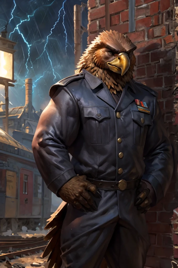 By Taran Fiddler, one man, anthro eagle (Golden Eagle), dilf, wrinkly face, sad and melancholic look, bushy eyebrows, wearing trench world war one uniform, hands to his hips, stern facial expression, grumpy, standing in front of a old train station leaning on the wall looking forward crestfallen, in a midnight rainy ambience.