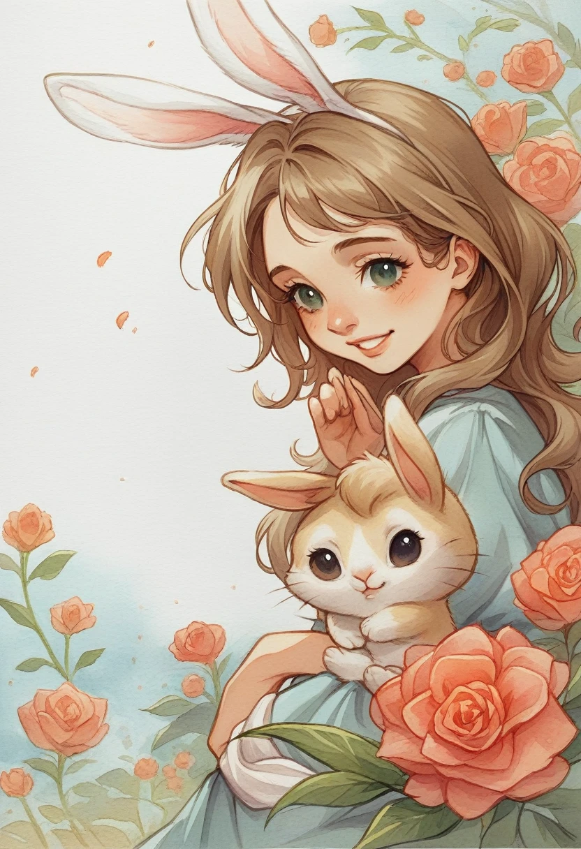 there is a girl with a rabbit in a flowery field, cute digital art, cute detailed digital art, adorable digital painting, beautiful digital art, cute detailed artwork, a beautiful artwork illustration, very beautiful digital art, beautiful digital artwork, beautiful gorgeous digital art, gorgeous digital art, ultrarealistic sweet bunny girl, cute artwork, bunny girl, realistic cute girl painting Drawing on writing paper with cute girl characters and animals in Sarah Kay style, featuring thin lines and soft contours, watercolor, full body, colorful backgrounds, blank sheets with thin lines, gradient color, playing in spring, along with beautiful human babyracters from classic stories in a childish and playful style in soft and pastel tones, highly detailed with intricate details, perspective view, wide angle, trending on ArtStation, sharp focus, studio photo