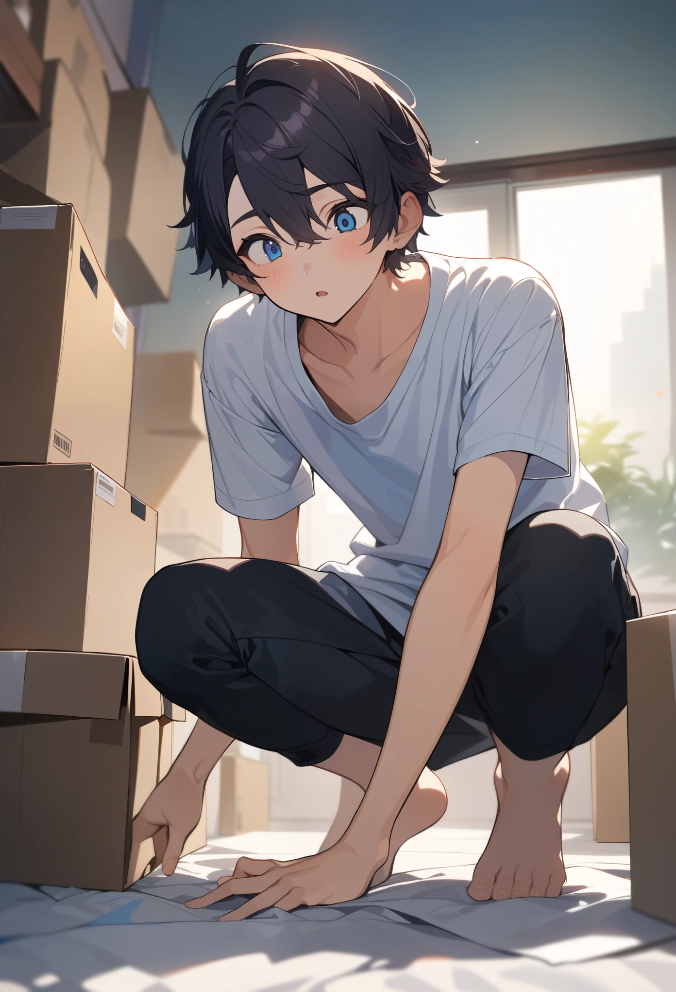 masterpiece, best quality, extremely detailed, ultra detailed, flat anime, 2D,
((1boy)),black hair, (short hair:1.5),blue eyes, height 1.7meters, (circle eyes:1.2), (young adult:1.2), Ear-length sideburns,
long Sleeves, White T-shirt, barefoot,
squatting, looking away, expressionless,open mouth,
summer, 12AM, livingroom,organizing the boxes., I'm looking at the material in my hand.