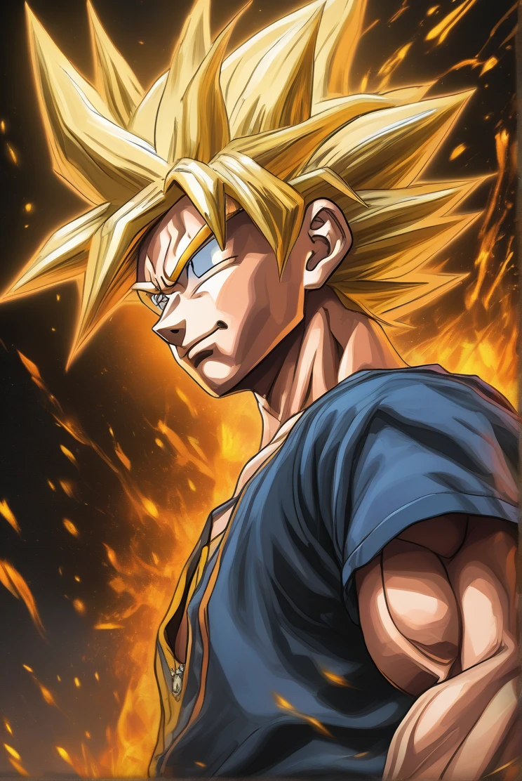 Anime-style 2.5D tom pasrel óleo portrait with a pastel oil painting effect Goku + poul Walker cinematic vibrant gold Black lighting, close-up on a character with detailed shaven head backdrops, piercingly detailed mel  big eyes with bright pupils, portrayed in a dynamic pose, full-body with a sultry aesthetic, viewed from a dynamic profile angle gazing at the viewer, wearing detail Batam T-shirt with a rocker man personification, wearing