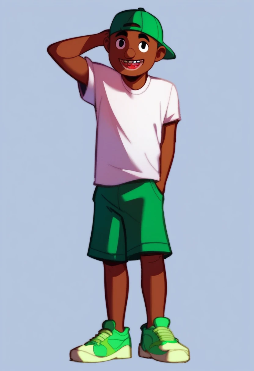 joseph, looking at viewer, smile, open mouth, simple background, shirt, 1boy, hat, standing, full body, male focus, dark skin, dark-skinned male, braces, dark green backward baseball cap, light green t-shirt with basketball on center, darker green shorts, light green shoes. black eyes, bald, short