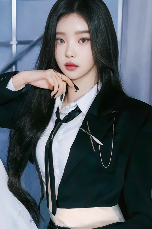 There is a woman in a black suit and tie posing for a photo, portrait of jossi de blackpink, jinyoung shin, Jaeyeon Nam, korean idol woman portrait, ulzzang, Hwang Se - En, Bae Suzy, Heonhwa Choe, Lee Ji Eun, lee ji-eun, sun yunjoo, jossi de blackpink