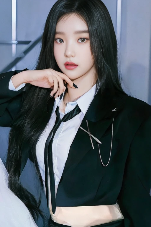 There is a woman in a black suit and tie posing for a photo, portrait of jossi de blackpink, jinyoung shin, Jaeyeon Nam, korean idol woman portrait, ulzzang, Hwang Se - En, Bae Suzy, Heonhwa Choe, Lee Ji Eun, lee ji-eun, sun yunjoo, jossi de blackpink