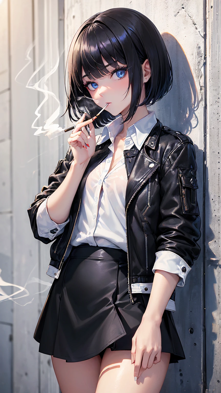 High resolution, Highest quality,  super high quality, Ultra-detailed,( A woman smoking a cigarette:1.3)、 Bobcut、Black Hair、Blue eyes、Crouching、(Black Riders Jacket:1.5)、(White inner shirt:1.5)、(Black Mini Skirt:1.3)、Beautiful Skin、Beautiful Face、Beautiful Eyes