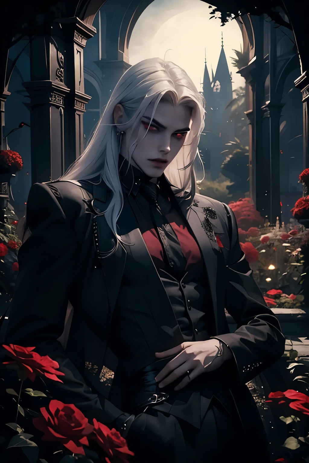 ((Best quality)), ((masterpiece)), 8k (detailed), ((perfect face)), ((halfbody)) perfect proporcions, He is a handsome vampire, he is 18 years old, gothic makeup, he has long white hair, he has red eyes, he poses sensually, he is in a garden at night, ((perfect face)) ((vampire ambience))