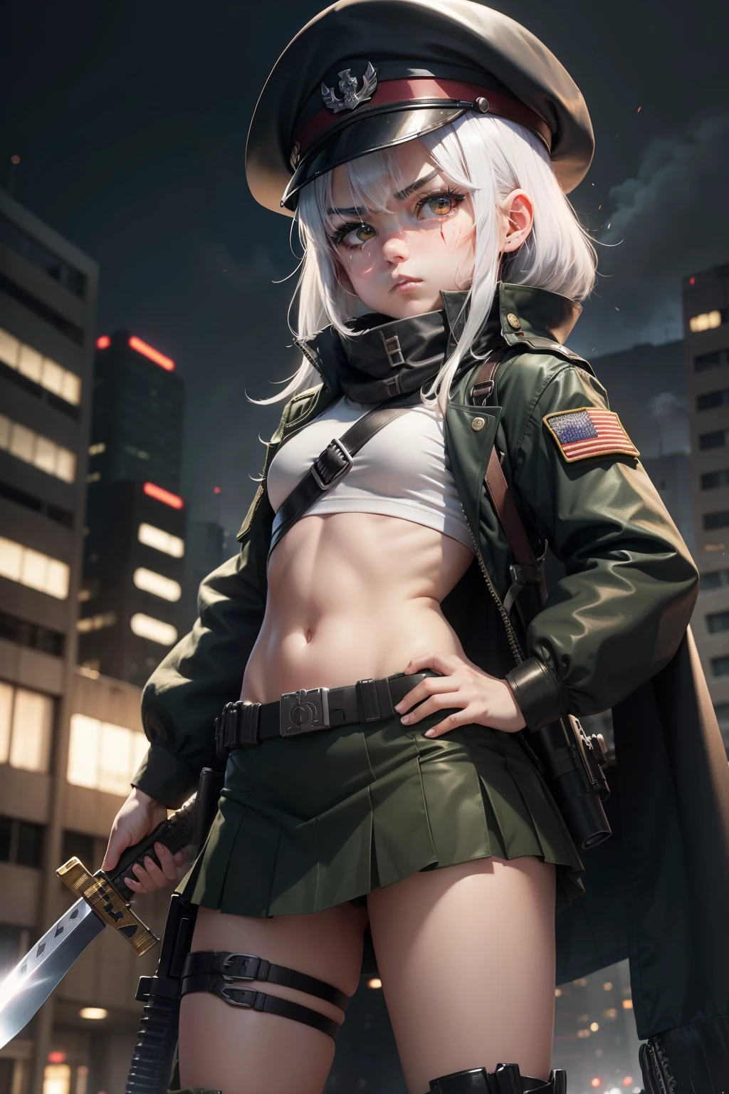 Anime girl 8  , childishi , angry face  menacing  ,beret militar , white hair , scar na bochecha , keep militar,  mini-skirt ,  uniform , tactical military , holding katana , military boots  . Utility Belt Holster  . Smug , city night 