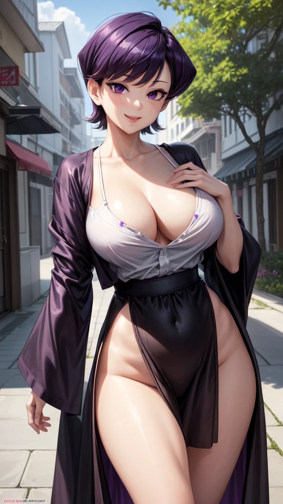 best quality, masterpiece, 1girl, (mature), (solo:1.1), raytracing, ultra detailed,detailed face, 8k wallpaper, wide hips, Komi Shuuko, 1girl, purple hair, purple eyes, large breasts, short hair, open clothes, black robe, white shirt, smile, outdoor, hands on hips