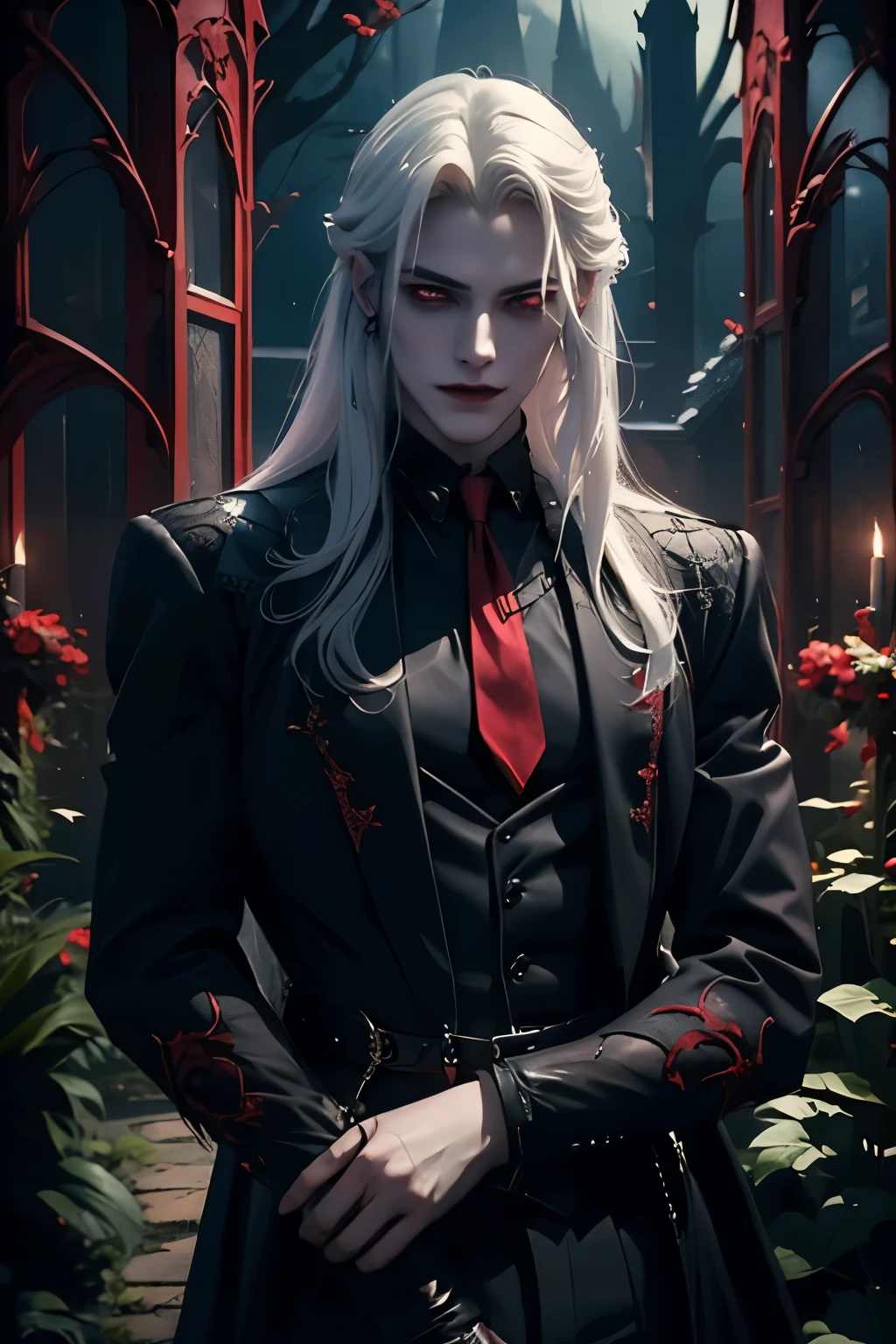 ((Best quality)), ((masterpiece)), 8k (detailed), ((perfect face)), ((halfbody)) perfect proporcions, He is a handsome vampire, he is 18 years old, gothic makeup, he has long white hair, he has red eyes, he poses sensually, he is in a garden at night, ((perfect face)) ((vampire ambience))