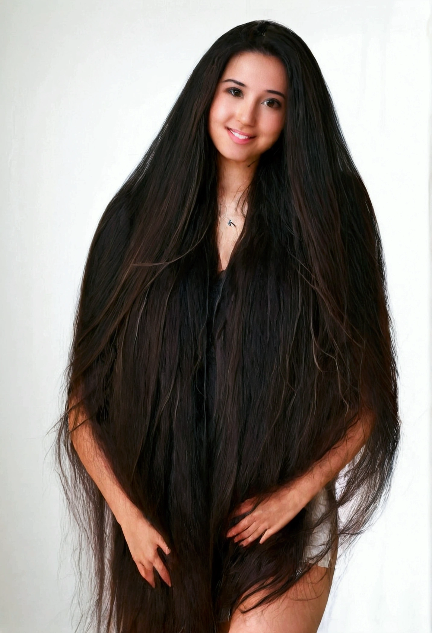 cute girl, super long hair, black hair, big hair, thick hair, big breasts, big butt, hourglass body, emphasis on hair, emphasis on eyes, emphasis on face, blush, smile, asian girl