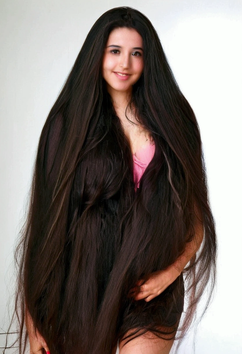 cute girl, super long hair, black hair, big hair, thick hair, big breasts, big butt, hourglass body, emphasis on hair, emphasis on eyes, emphasis on face, blush, smile, asian girl