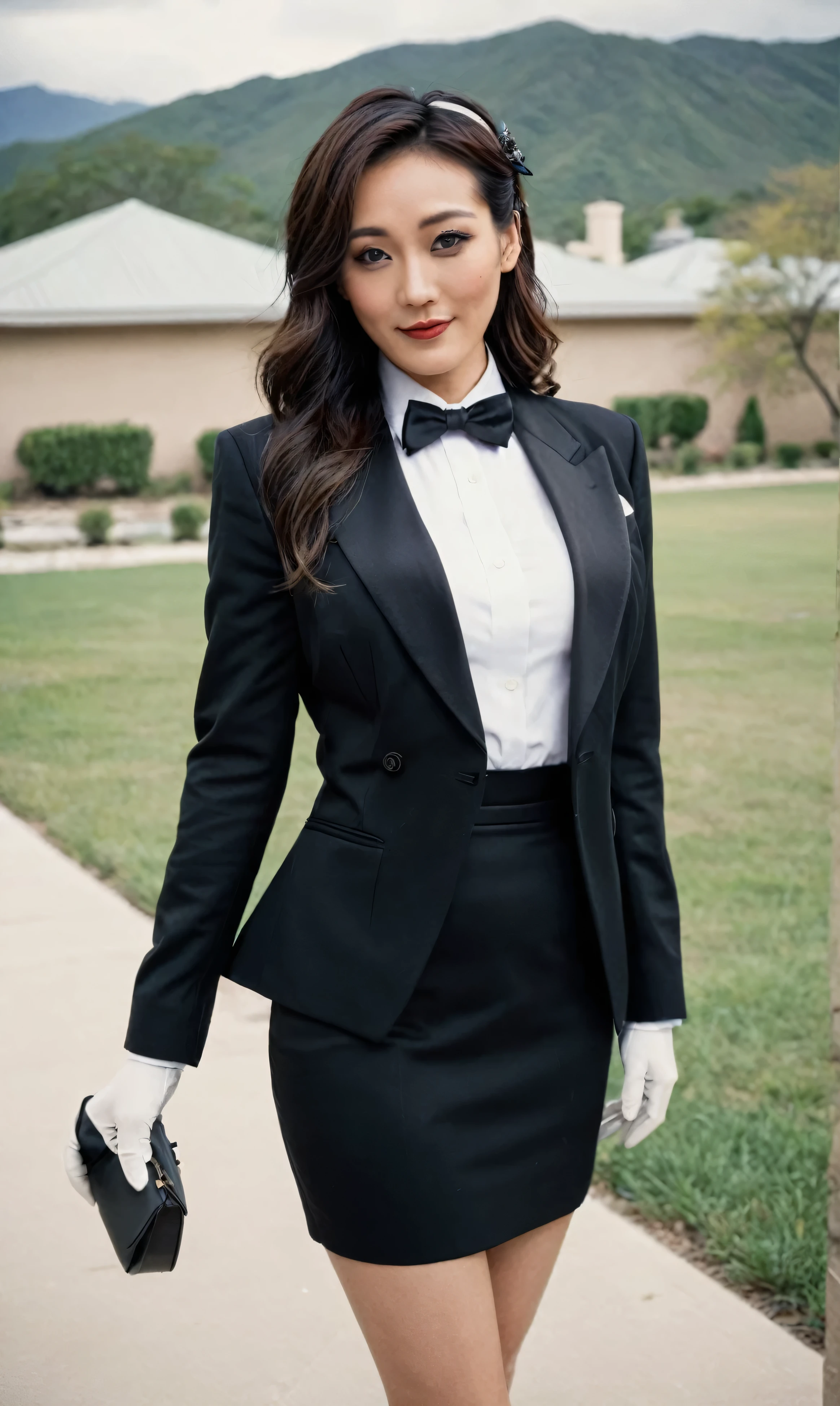 a beautiful picture of fukuharaXL ,woman,detailed skin texture,masterpiece, photorealistic, light, RAW color photo,(fully in frame:1.1), (blush:0.5), (goosebumps:0.5),(((black silk skirt suit))), (((three-piece suit))), (((tuxedo))), (((dress shirt))), (((black bowtie))), (((black blazer))), (((dinner jacket))), (((waistcoat))), double-breasted waistcoat, (((bodycon miniskirt))), pocket square, cufflinks, white gloves,detailed face,outdoors, (smile:0.5), film grain,cinematic lightning,fujifilm ,detailed eyes,camera, smile, office background, hair down, makeup, lipstick, mascara, eyeliner, eyeshadow, silky glossy hair, high heels, pinup pose, slender figure, cummerbund