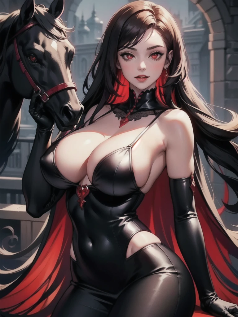 1girl, beautiful, vampire goddess, brunette very long hair, red eyes, wearing a y red and black dress, ultrasharp, looking at the viewer, ((best quality)), ((masterpiece)), (detailed), perfect face, big breexy poseexy body, w a black horse with red mane,