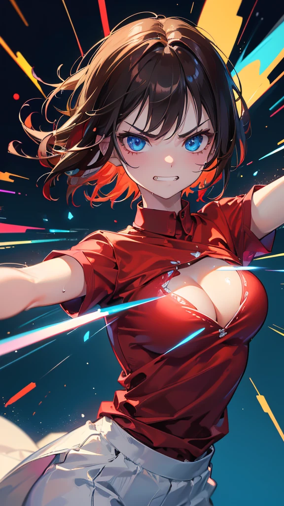 Best quality, Ultra detailed, best quality, insanely detailed, beautiful, masterpiece, 8k,
break
Colorful background, refraction Glowing white lines ,Crossing Light,light particles
break
1lady, brown hair, very short hair, blue eyes, ultra detailed eyes,dress shirts, stand collor shirts, (red shirts:1.5),( blackpants:1.1) ,Showcasing cleavage, 1rose on mouth
Break
(Waltz:1.5), upper body, (great joy;1.5), (evil grin:1.2), ,(scowl:1.1), (stare at viewer:1.5), ,(ecstasy:1.3) ,(vulgarity:1.3),(wet:0.8),(drooling:0.6),(sweat:0.8),