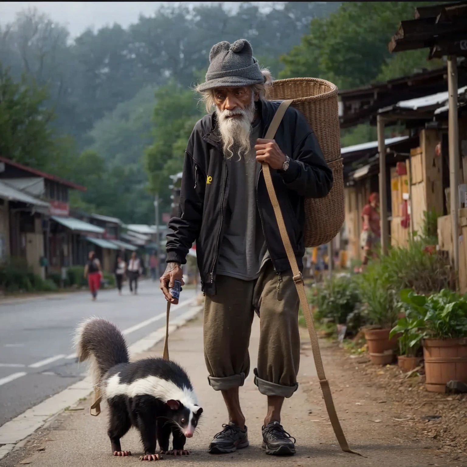 a homeless man walking a pet opossum