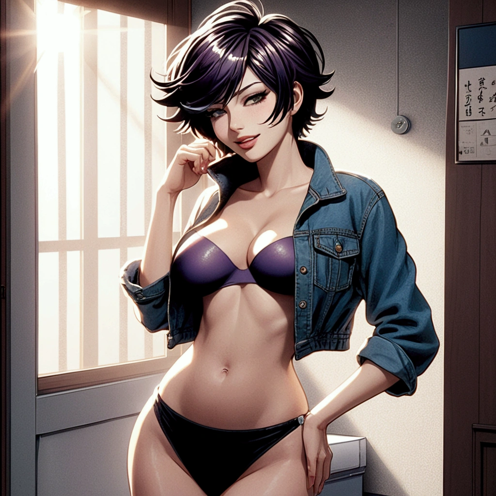 A 28 year old girl, clear skin, a developed body, black fur, short, messy shoulder length hair, a closed, Confident smile, big breasts, hardened nipples, small waist, big butt, Futanari, cock, Huge, Semen, wearing pink string thong. naked torso, pants down, in an event room with sun rays coming out of a window and leaning against a door looking at the camera, Futanari, cock Huge, masturbation, ejaculating 