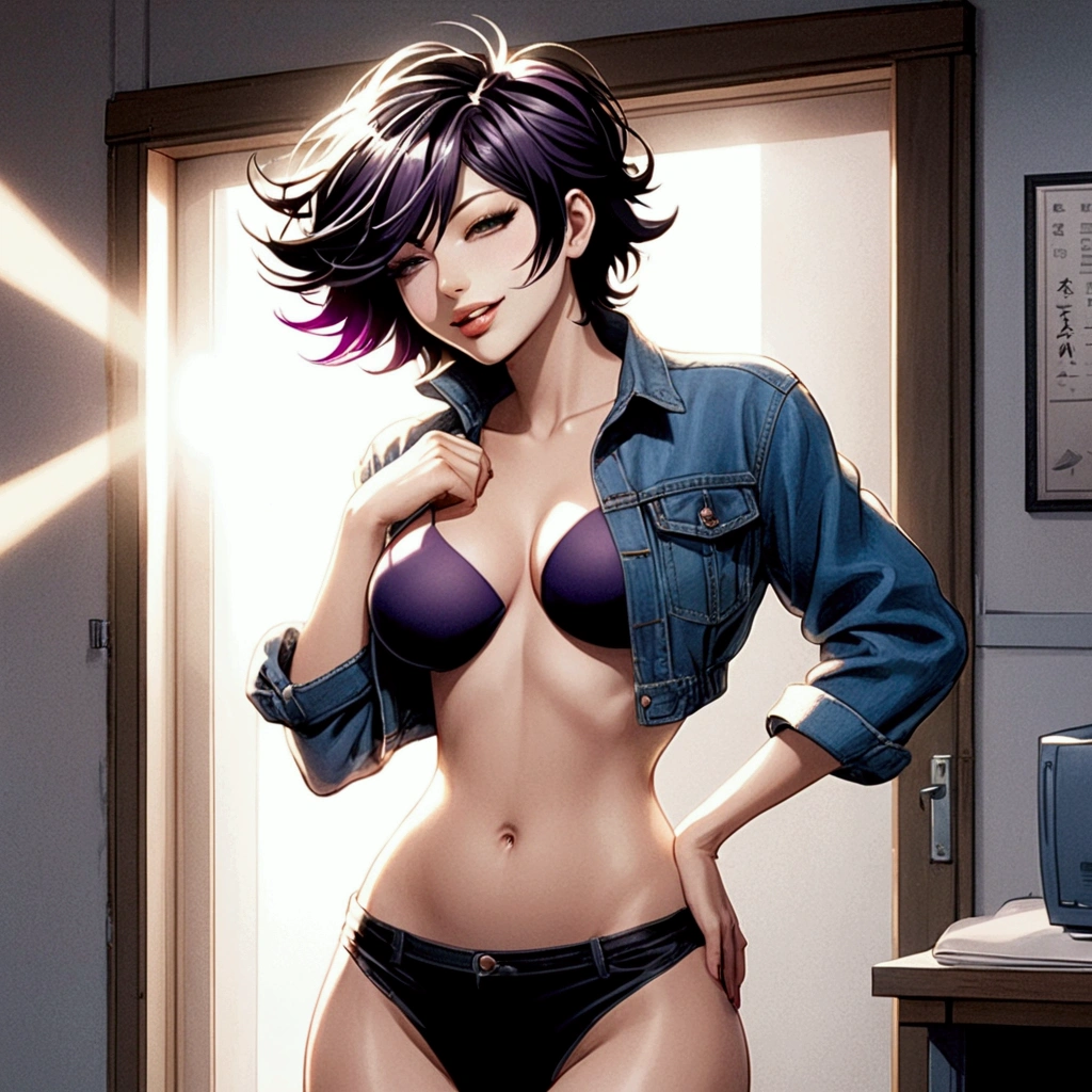 A 28 year old girl, clear skin, a developed body, black fur, short, messy shoulder length hair, a closed, Confident smile, big breasts, hardened nipples, small waist, big butt, Futanari, cock, Huge, Semen, wearing pink string thong. naked torso, pants down, in an event room with sun rays coming out of a window and leaning against a door looking at the camera, Futanari, cock Huge, masturbation, ejaculating