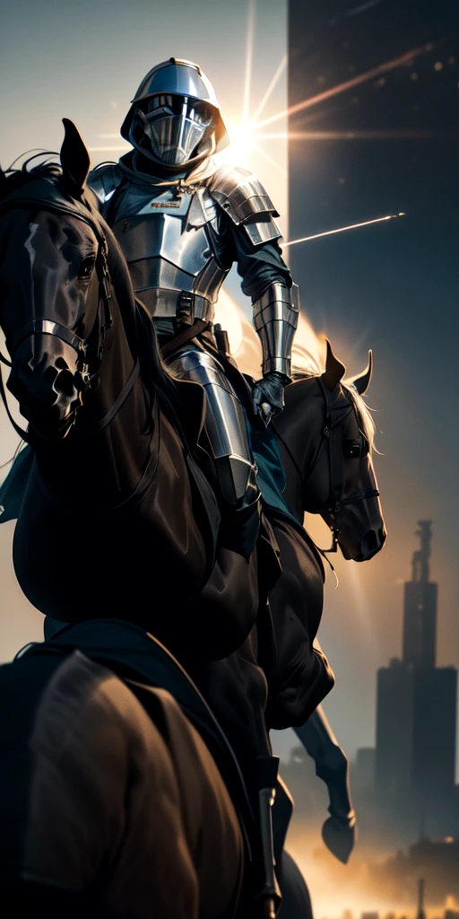 Medieval knight wearing an astronaut helmet, holding a lightsaber in his right hand, riding a black horse in the middle of the city of São Paulo. The sun shines in the background. Sparks emanate from the rider and a burst of light comes from the horse's eyes.