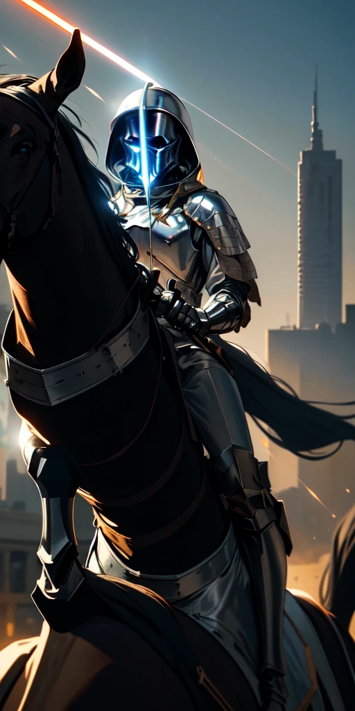 Medieval knight wearing an astronaut helmet, holding a lightsaber in his right hand, riding a black horse in the middle of the city of São Paulo. The sun shines in the background. Sparks emanate from the rider and a burst of light comes from the horse's eyes.