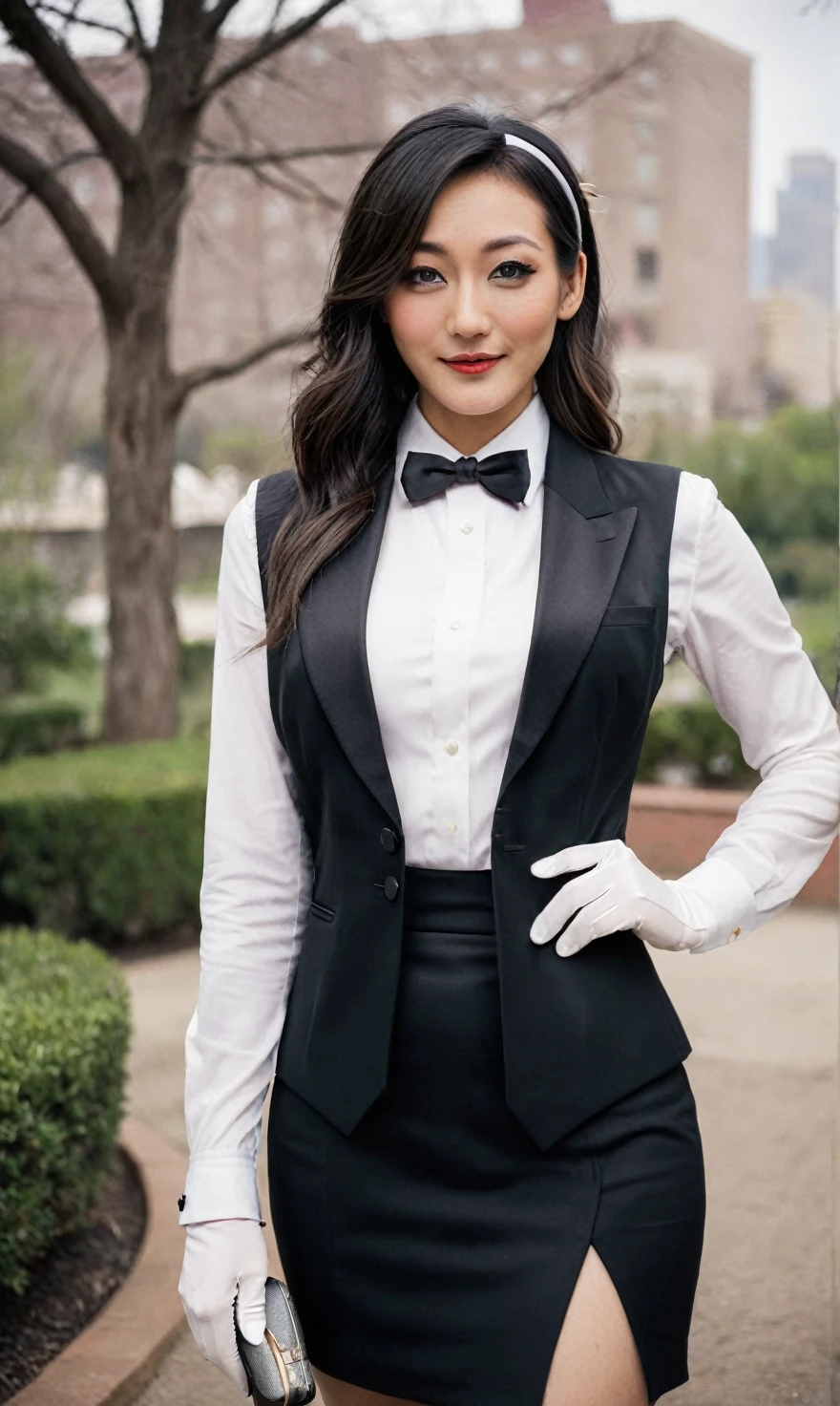 a beautiful picture of fukuharaXL ,woman,detailed skin texture,masterpiece, photorealistic, light, RAW color photo,(fully in frame:1.1), (blush:0.5), (goosebumps:0.5),(((black satin skirt suit))), (((three-piece suit))), (((tuxedo))), (((dress shirt))), (((black bowtie))), (((black blazer))), (((dinner jacket))), (((waistcoat))), double-breasted waistcoat, (((bodycon miniskirt))), pocket square, cufflinks, white gloves,detailed face,outdoors, (smile:0.5), film grain,cinematic lightning,fujifilm ,detailed eyes,camera, smile, office background, hair down, makeup, lipstick, mascara, eyeliner, eyeshadow, silky glossy hair, high heels, pinup pose, slender figure, cummerbund, hairband