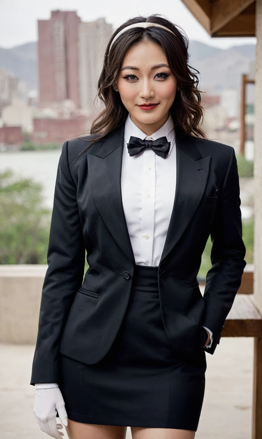 a beautiful picture of fukuharaXL ,woman,detailed skin texture,masterpiece, photorealistic, light, RAW color photo,(fully in frame:1.1), (blush:0.5), (goosebumps:0.5),(((black satin skirt suit))), (((three-piece suit))), (((tuxedo))), (((dress shirt))), (((black bowtie))), (((black blazer))), (((dinner jacket))), (((waistcoat))), double-breasted waistcoat, (((bodycon miniskirt))), pocket square, cufflinks, white gloves,detailed face,outdoors, (smile:0.5), film grain,cinematic lightning,fujifilm ,detailed eyes,camera, smile, office background, hair down, makeup, lipstick, mascara, eyeliner, eyeshadow, silky glossy hair, high heels, pinup pose, slender figure, cummerbund, hairband