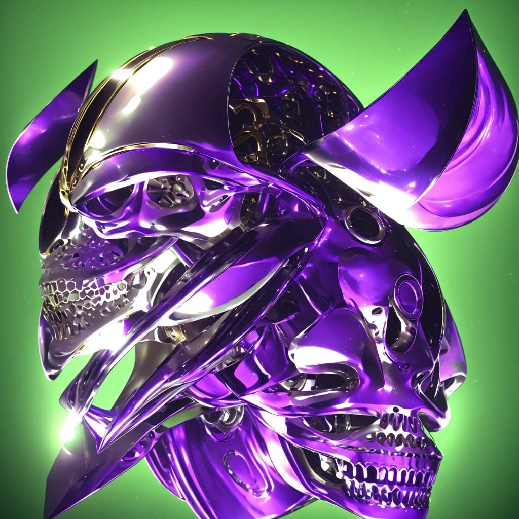 Create an entity. She has a mechanical appearance, with a metallic humanoid body in purple and green colors. Its head is shaped like a helmet, its jaw shaped like a skull, and a metallic horn on the top. Behind, there is a completely white background 