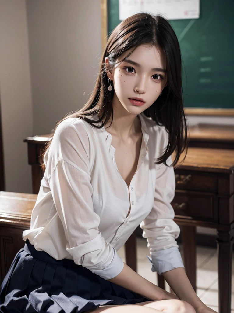 absurdres, RAW photo, extremely delicate and beautiful, masterpiece, Best Quality, ultra high resolution, 32k, hyperrealistic, ultra-detailed, perfect anatomy, super Detailed skin, perfect figure, Super Beauty, Perfect Style, Perfect balance, 20 years old, very Slim body, narrow waist, very small head, very small face, delicate facial features, detailed face, detailed eyes, tearful mole, earring, very huge round breasts, legs, medium hair, whole body shot, indoor, ((school_uniform)),