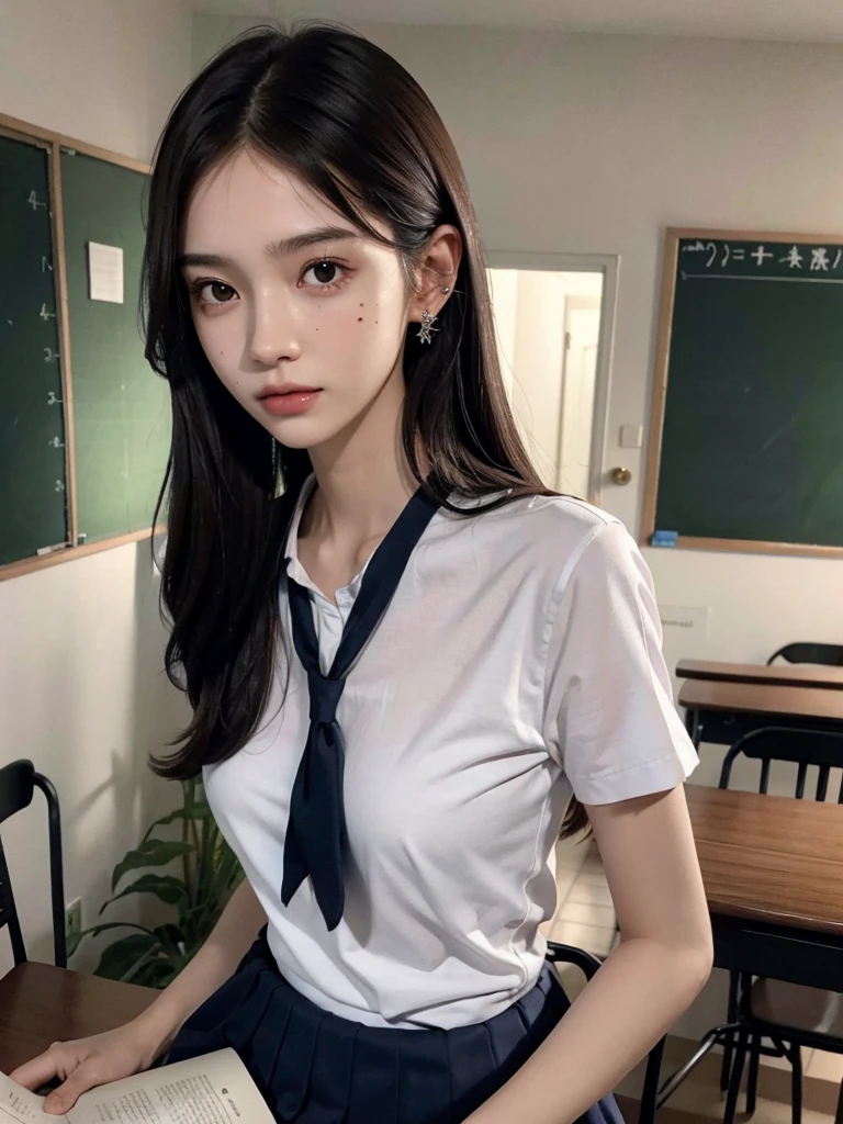 absurdres, RAW photo, extremely delicate and beautiful, masterpiece, Best Quality, ultra high resolution, 32k, hyperrealistic, ultra-detailed, perfect anatomy, super Detailed skin, perfect figure, Super Beauty, Perfect Style, Perfect balance, 20 years old, very Slim body, narrow waist, very small head, very small face, delicate facial features, detailed face, detailed eyes, tearful mole, earring, very huge round breasts, legs, medium hair, whole body shot, indoor, ((school_uniform)),