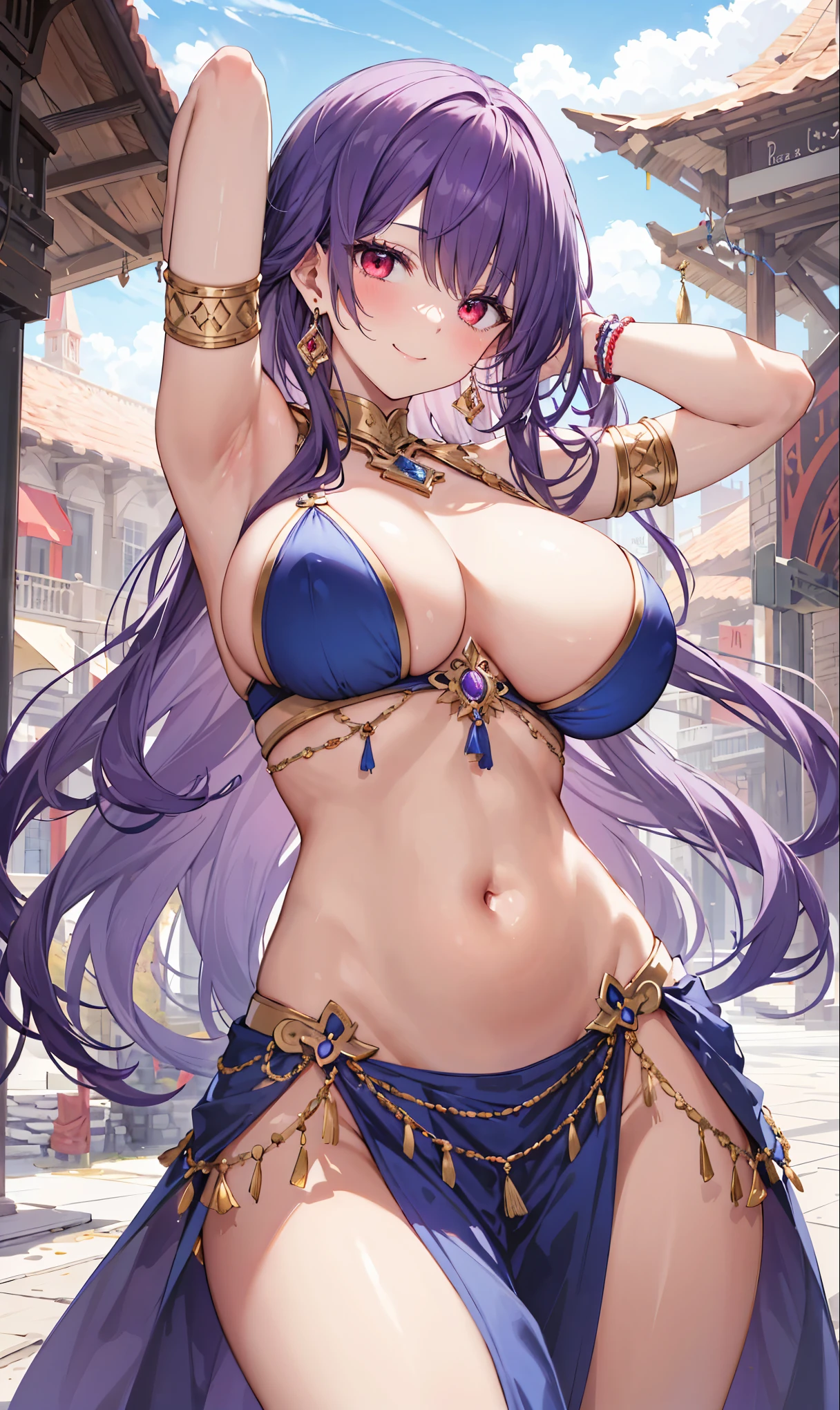 high quality, ultra detailed, best quality, insanely detailed, beautiful, masterpiece, 1girl, medieval plaza, cowboy shot, red eyes, long hair, purple hair, belly dancer, circlet, earrings, armlets, bracelets, bashful smile, large breasts, cleavage, soft stomach