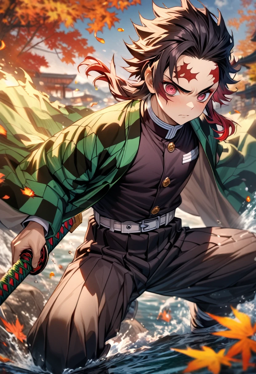 Ultra detailed, highres, absurdres, HDR, master piece, Kamado Tanjirou, ruffled black hair with burgundy tips, expressive dark red eyes, Kimetsu No Yaiba, water, autumn, petals, orange and yellow leaves, sexy man, solo, handsome, demon slayer uniform, green haori, best quality, red mark on his forehead, holding katana, fire katana, fight, epic