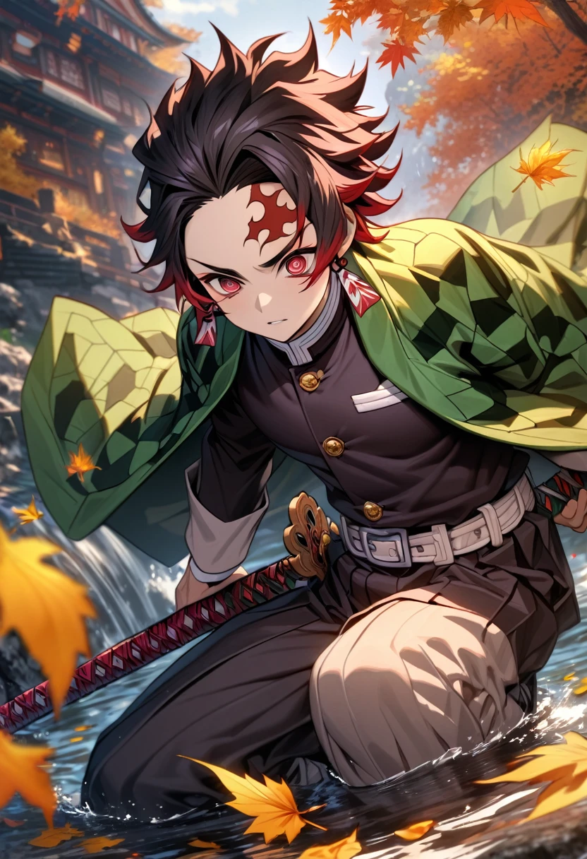 Ultra detailed, highres, absurdres, HDR, master piece, Kamado Tanjirou, ruffled black hair with burgundy tips, expressive dark red eyes, Kimetsu No Yaiba, water, autumn, petals, orange and yellow leaves, y man, solo, handsome, demon slayer uniform, green haori, best quality, red mark on his forehead, holding katana, fire katana, fight, epic