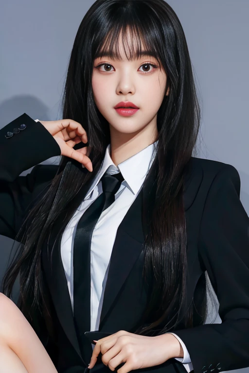 There is a woman in a black suit and tie posing for a photo, portrait of jossi de blackpink, jinyoung shin, Jaeyeon Nam, korean idol woman portrait, ulzzang, Hwang Se - En, Bae Suzy, Heonhwa Choe, Lee Ji Eun, lee ji-eun, sun yunjoo, jossi de blackpink