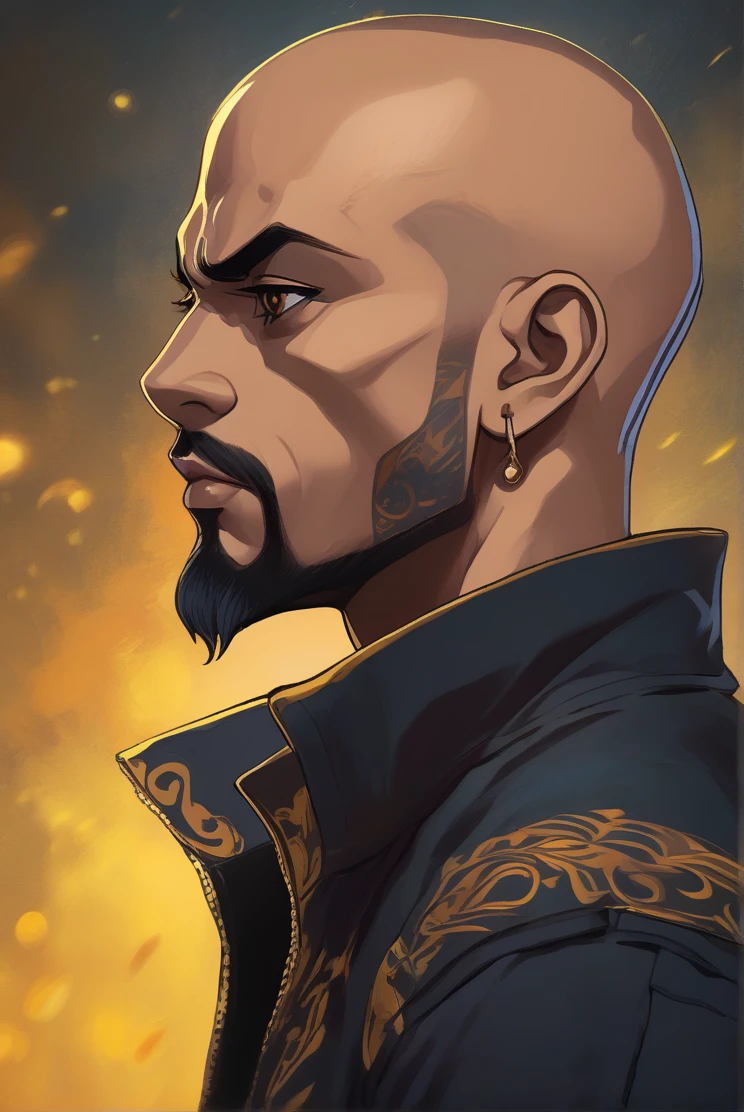 Anime-style 2.5D tom pasrel óleo portrait with a pastel oil painting effect pantera Negra + poul Walker cinematic vibrant gold Black lighting, close-up on a character with detailed shaven head backdrops, piercingly detailed mel big eyes with bright pupils, portrayed in a dynamic pose, full-body with a sultry aesthetic, viewed from a dynamic profile angle gazing at the viewer, wearing detail Batam T-shirt with a rocker man personification, wearing