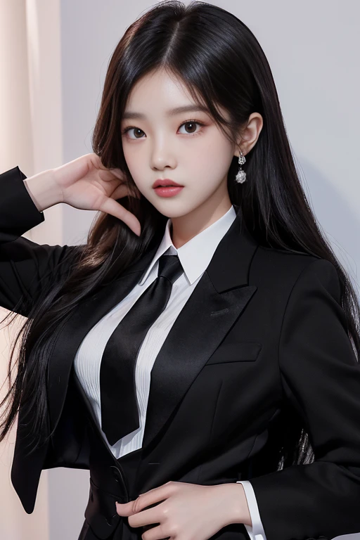 There is a woman in a black suit and tie posing for a photo, portrait of jossi de blackpink, jinyoung shin, Jaeyeon Nam, korean idol woman portrait, ulzzang, Hwang Se - En, Bae Suzy, Heonhwa Choe, Lee Ji Eun, lee ji-eun, sun yunjoo, jossi de blackpink