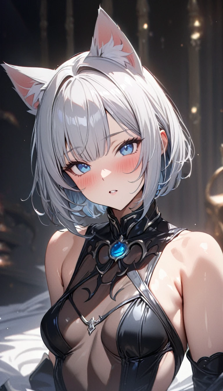 (((best quality)), ((masterpiece)), (details), masterpiece, best quality, high quality, ulutra detailed, perfect face, ((1girl, blue eyes, cat ears: 1.3 silver bob hair: 2.5,)) 、Shiny Hair、Glowing Skin、blush、Lustful look、Small breasts、Lord Enma、hell
