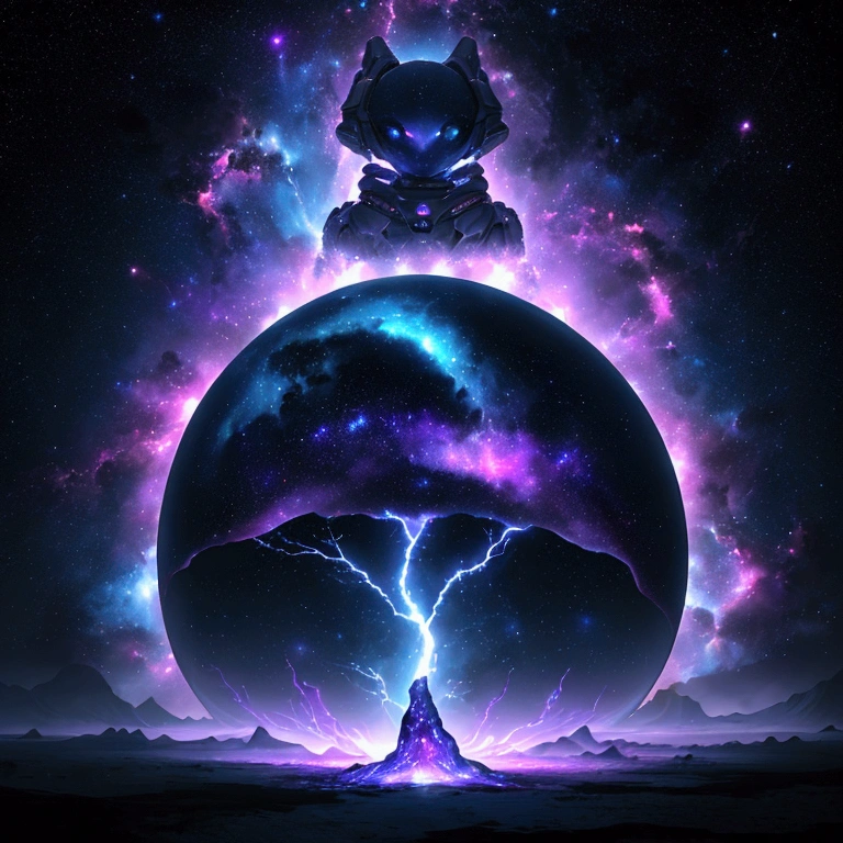 In the vast expanse of the cosmos, a nebula-shaped creature emerges before the serene surface of a distant planet. The creature's ethereal form undulates with an iridescent glow, as if infused with the essence of stardust. Amidst the swirling vortex of blue and purple hues, lightning bolts crackle through the darkness, casting an otherworldly ambiance upon the celestial scene.