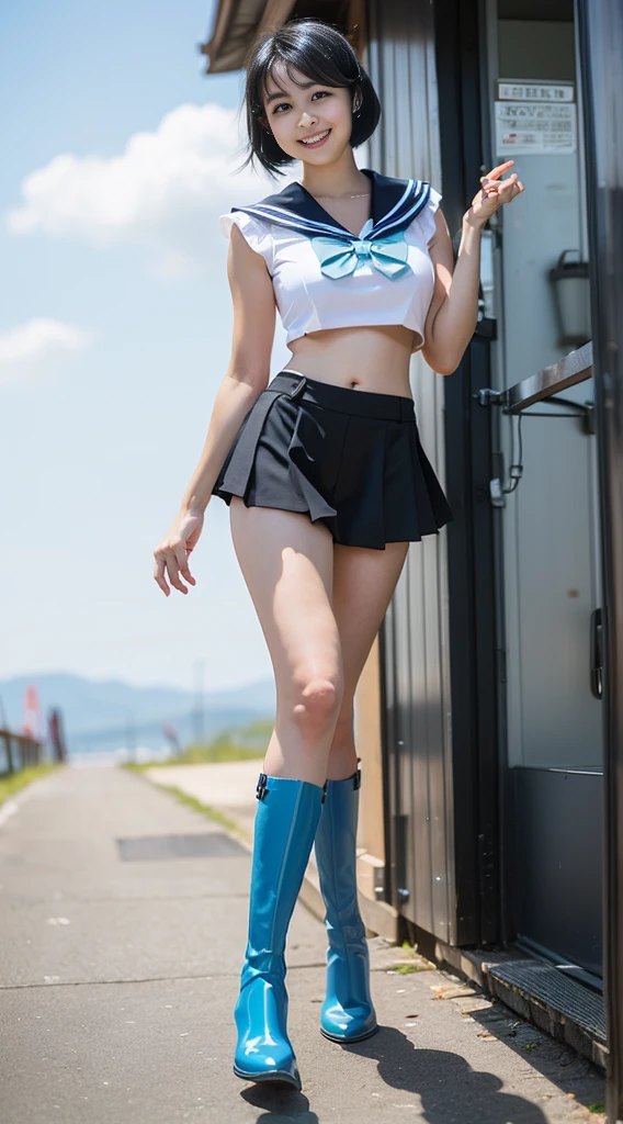 (8k、Raw photography、Highest quality、masterpiece:1.2),(Black Hair、Dark Eyes:1.9),(Light blue sailor suit、Light blue boots:1.4)、View your viewers,Front view,White skin,(:1.4)、(Tight waist:1.6)、(Clothes that accentuate the shape of the breasts:1.0)、(Big Breasts :1.3)、Slim figure、Ultra-high resolution,beautiful,beautiful fece,(One person、No background:1.9),whole bodyボディー,Japanese women,(reality的:1.37)、Photon Mapping,reality、(Baby-faced and cute: 1.4)、(Cute Smile: 1.8)、(Round face: 1.8)、Radio City、Physically Based Rendering、Depth of field rally background、photograph, (I can see your knees、Thigh close-up:1.8),(:1.6),whole body、Great quality