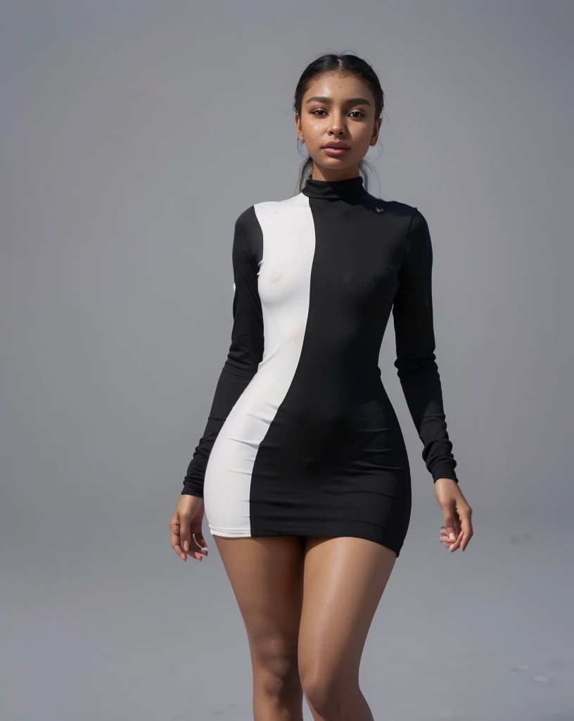 (Beautiful  girl, Yara Shahidi, KIKI Layne, Kylie Jenner, Maitreyi Ramakrishnan, young Jessica Alba), Wearing tight white and black cotton-lycra-fabric long sleeve mini dress, beautiful soft thighs, (HDR, 8K, vivid, vibrant, detailed: 1.4), (hyper realistic, movie graphics)