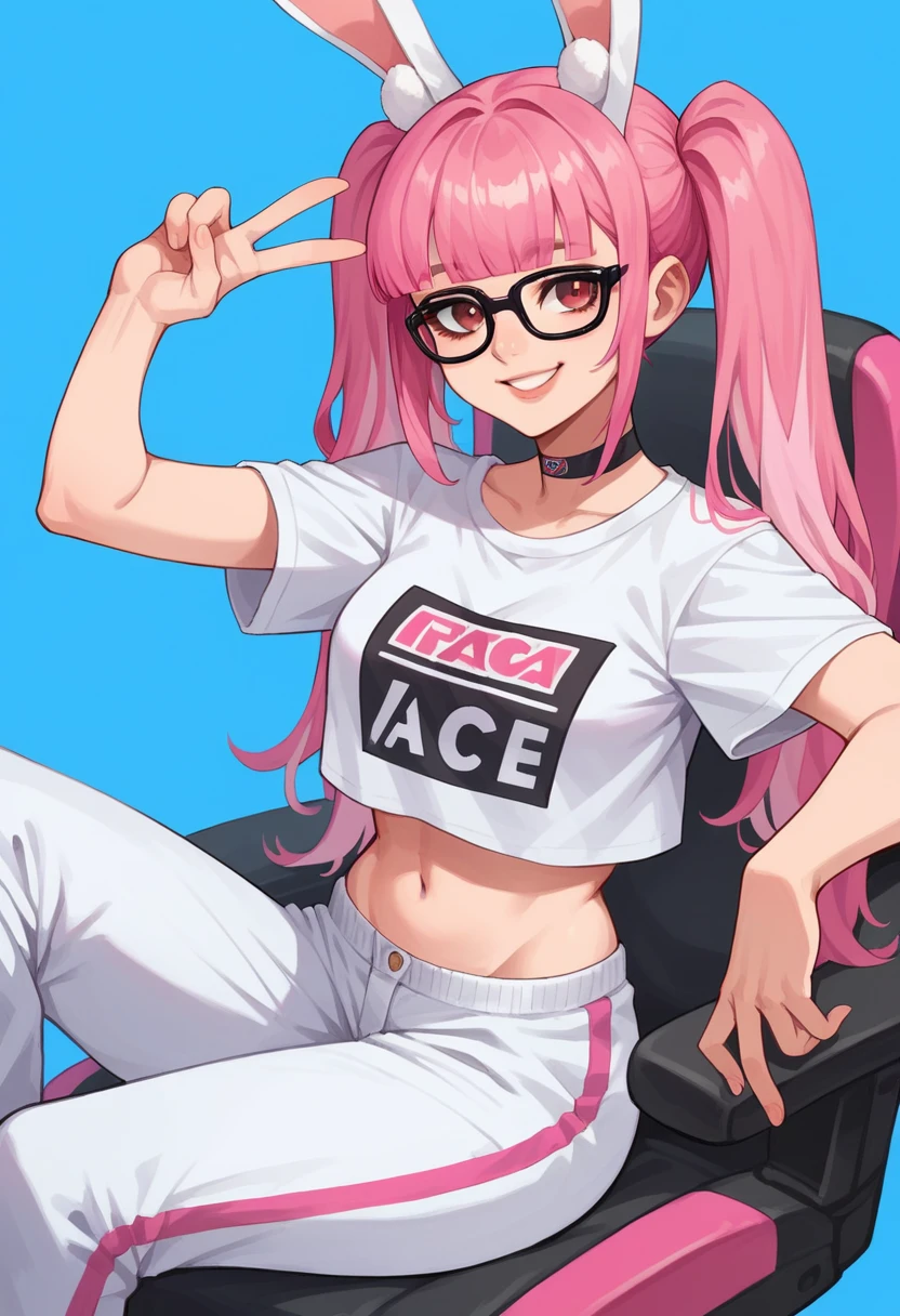 Masterpiece, perfect face, smile, vramslace, 1girl, solo, long hair, looking at viewer, bangs, shirt, navel, animal ears, twintails, pink hair, perfect hair, glasses, choker, midriff, pants, blunt bangs, rabbit ears, two-tone hair, lips, crop top, v, blue background, t-shirt, black-framed eyewear, print shirt, sitting, pink racing chair, white racing chair, multicoloured racing chair