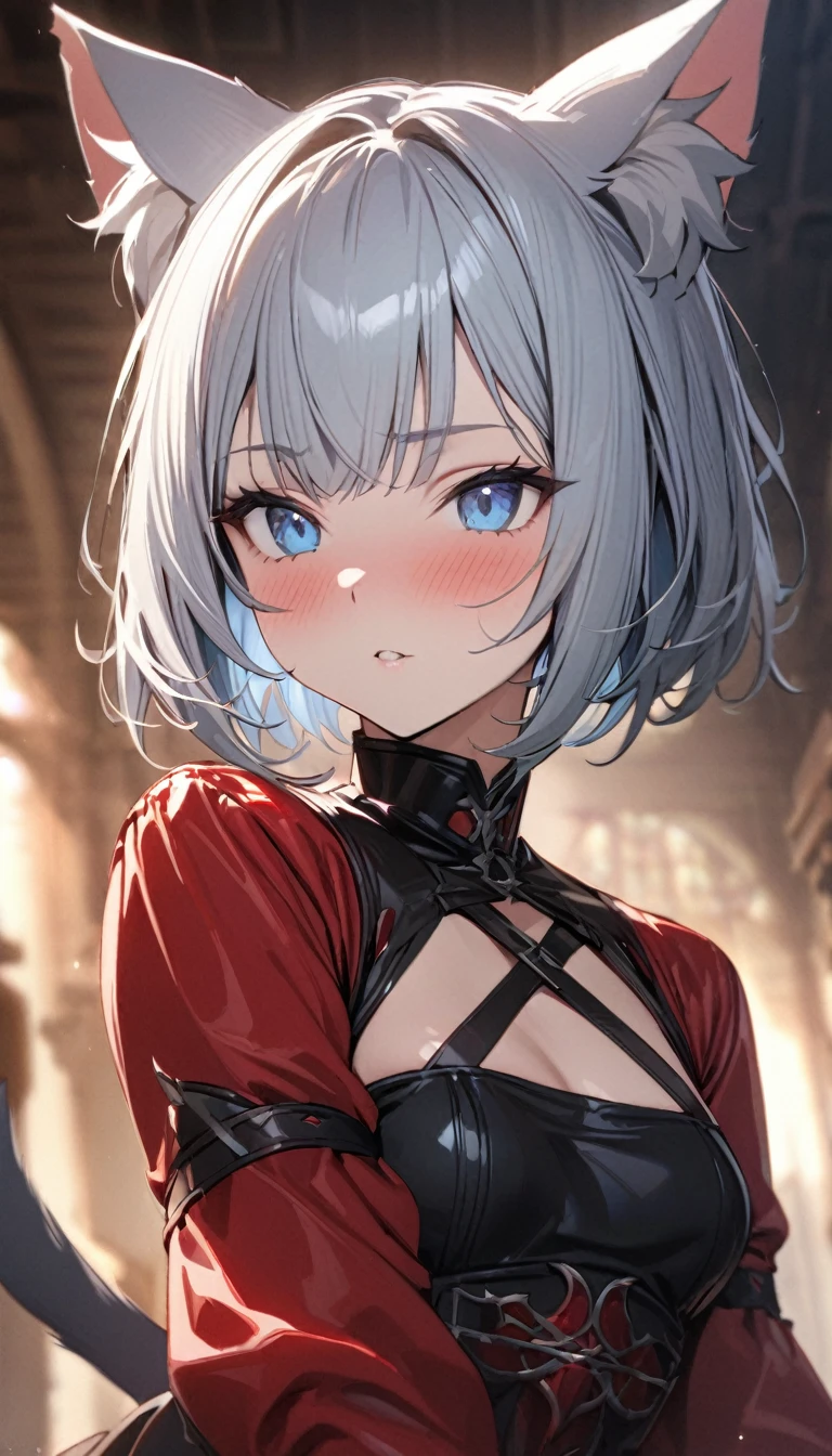 (((best quality)), ((masterpiece)), (details), masterpiece, best quality, high quality, ulutra detailed, perfect face, ((1girl, blue eyes, cat ears: 1.3 silver bob hair: 2.5,)) 、Shiny Hair、Glowing Skin、blush、Lustful look、Small breasts、Lord Enma、hell