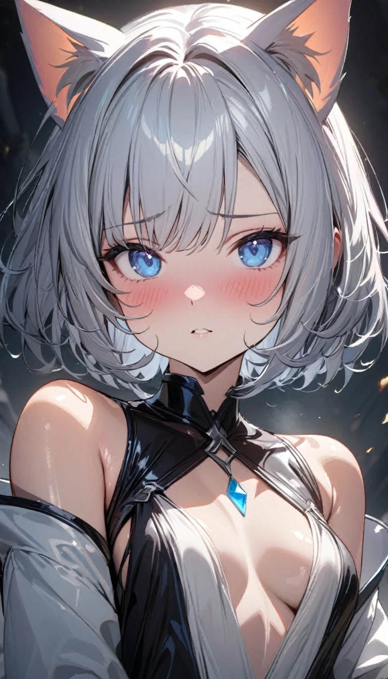 (((best quality)), ((masterpiece)), (details), masterpiece, best quality, high quality, ulutra detailed, perfect face, ((1girl, blue eyes, cat ears: 1.3 silver bob hair: 2.5,)) 、Shiny Hair、Glowing Skin、blush、Lustful look、Small breasts、Lord Enma、hell