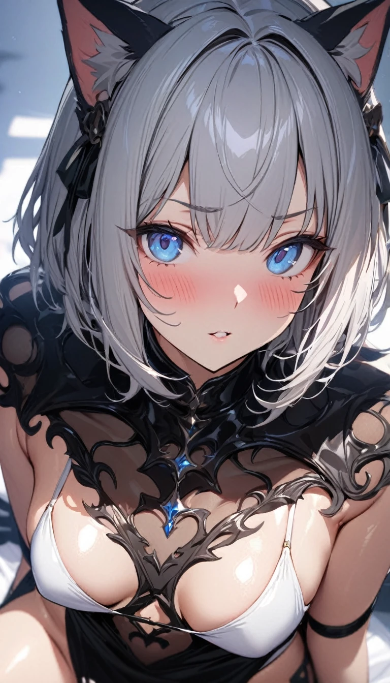(((best quality)), ((masterpiece)), (details), masterpiece, best quality, high quality, ulutra detailed, perfect face, ((1girl, blue eyes, cat ears: 1.3 silver bob hair: 2.5,)) 、Shiny Hair、Glowing Skin、blush、Lustful look、Small breasts、Lord Enma、hell