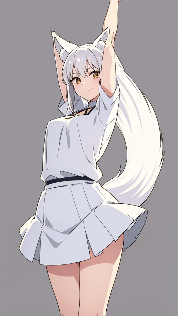 1girl ,solo,20s,mature female,white hair,long hair,fox ears,(simple background),white shirt,white skirt,smile, stretching