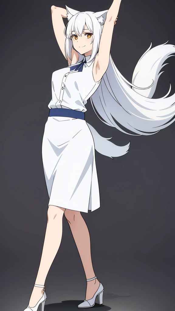 1girl ,solo,20s,mature female,white hair,long hair,fox ears,(simple background),white shirt,white skirt,smile, stretching