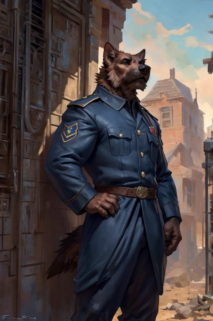 By Taran Fiddler, one man, anthro canine (irish wolfhound), brown fur, dilf, wrinkly face, sad and melancholic look, bushy eyebrows, wearing trench world war one uniform, hands to his hips, stern facial expression, grumpy, standing in front of a old train station leaning on the wall looking forward crestfallen, in midnight.