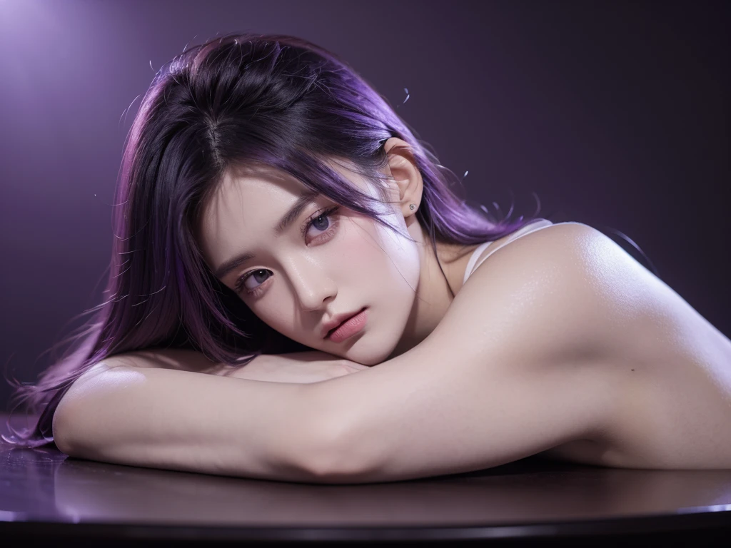 (Best quality digital art digital illustration 4k high resolution beautiful image ultra detailed image perfect lines soft lighting night environment smooth zoom perfect face) (1:1. Manga feel) (Neutral color hdr 1.4) A 20-year-old adult male (Thoughtful expression) Very pretty eyes purple medium purple hair modern clothes(Dark background)Fell asleep on the table