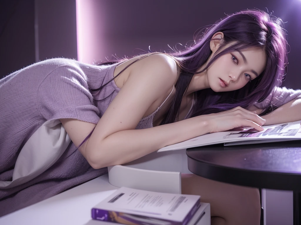 (Best quality digital art digital illustration 4k high resolution beautiful image ultra detailed image perfect lines soft lighting night environment smooth zoom perfect face) (1:1. Manga feel) (Neutral color hdr 1.4) A 20-year-old adult male (Thoughtful expression) Very pretty eyes purple medium purple hair modern clothes(Dark background)Fell asleep on the table